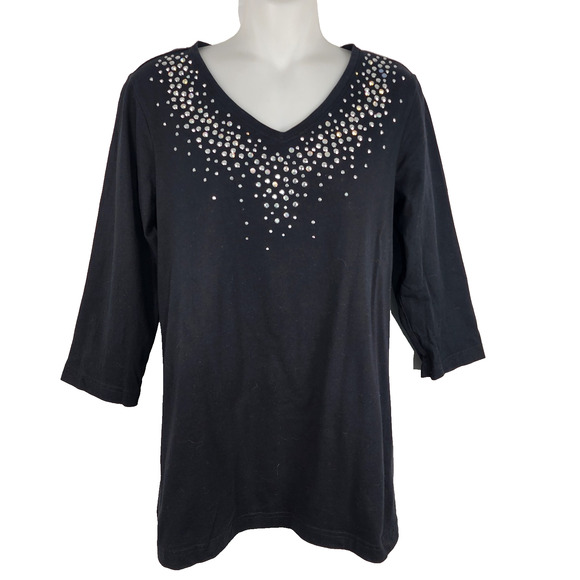 Quacker Factory Womens Rhinestone Beaded 3/4 Sleeve T Shirt Black Small A202673 - Picture 1 of 11